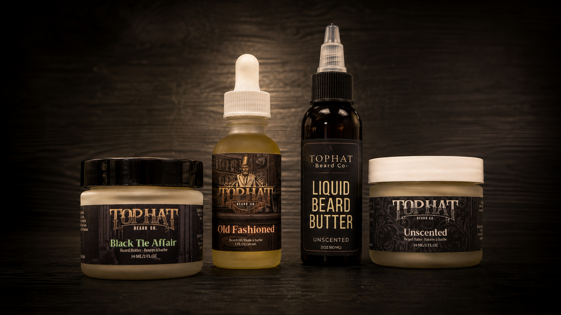TopHat Beard Co beard oil, traditional beard butter, liquid beard butter and beard balm