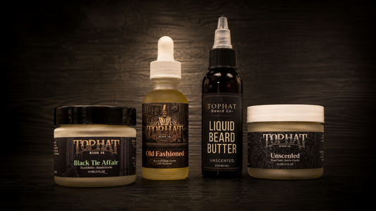 TopHat Beard Co beard oil, traditional beard butter, liquid beard butter and beard balm