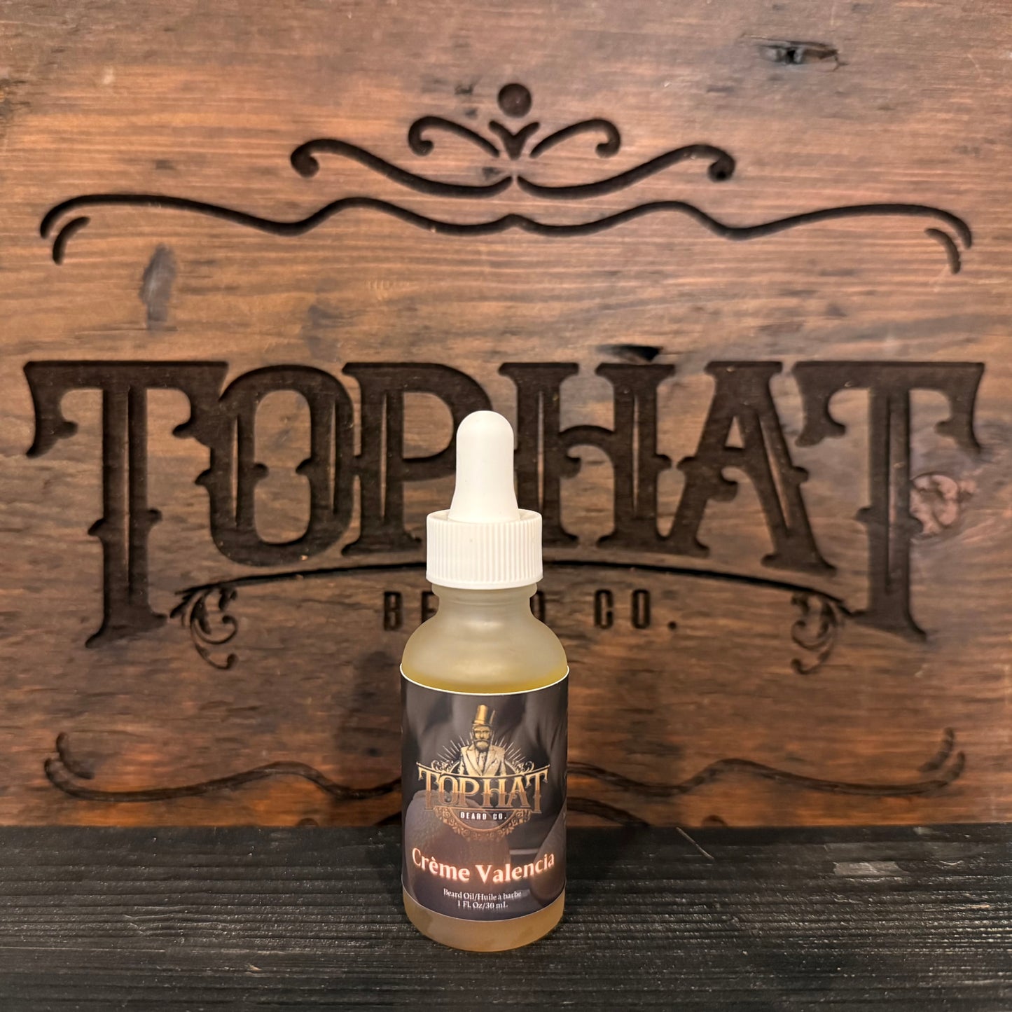 TopHat Crème Valencia Beard Oil bottle, handcrafted in Ontario, Canada.