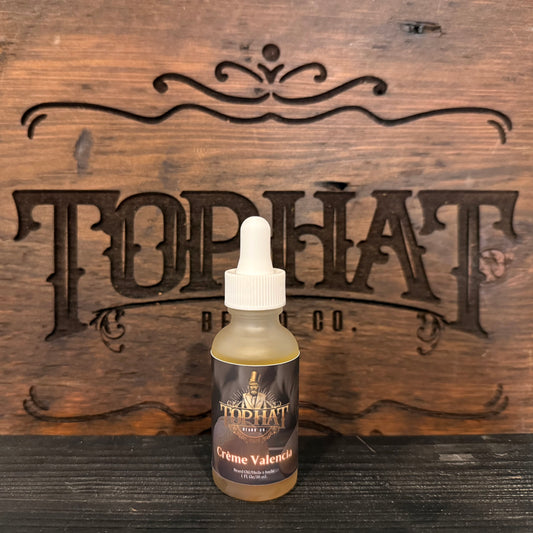 TopHat Crème Valencia Beard Oil bottle, handcrafted in Ontario, Canada.