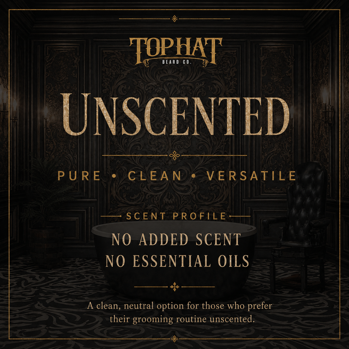 TopHat Unscented Beard Oil profile card describing its neutral, scent-free formula.